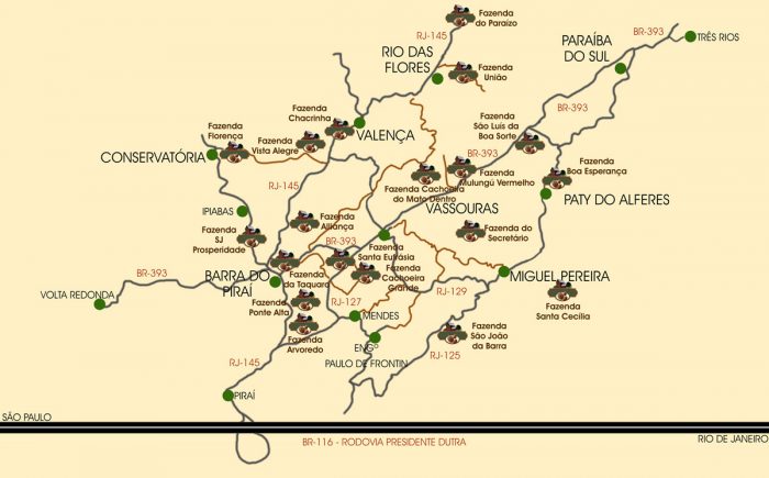 Mapa do Circuito das Fazendas Históricas do Vale do Café